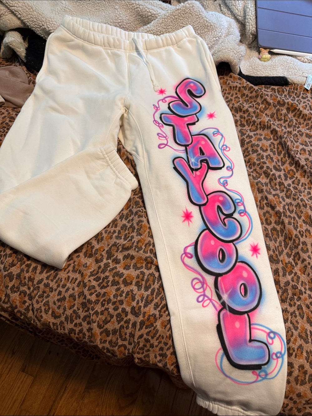 White Sweatpants with Pink & Blue 'Stay Cool' Graphic